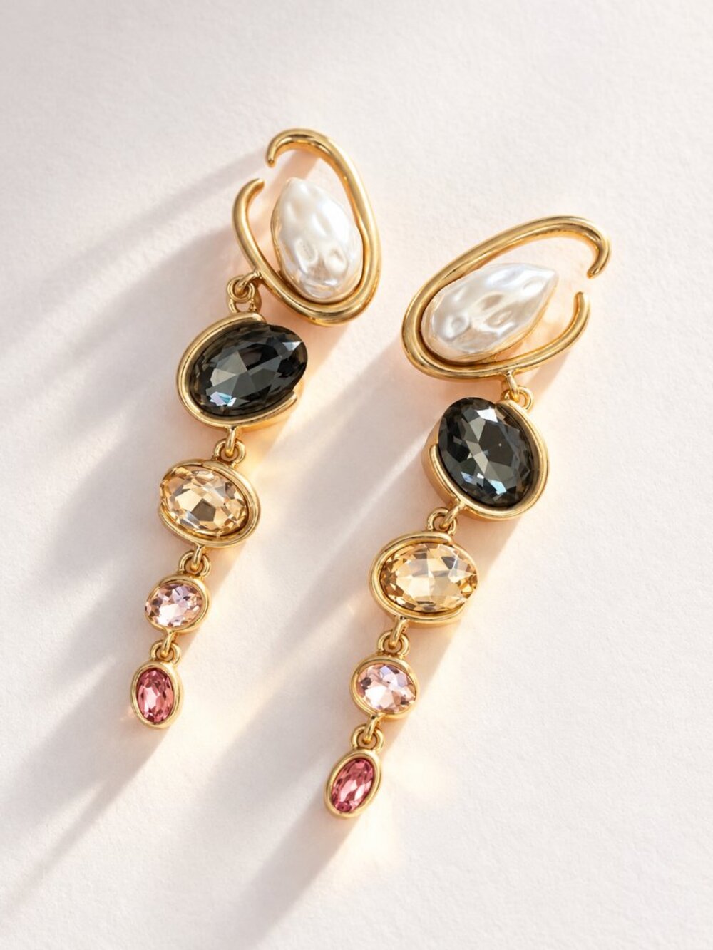Oscar de la Renta Multicolor Crystal Pearl Drop Earrings Gold Statement